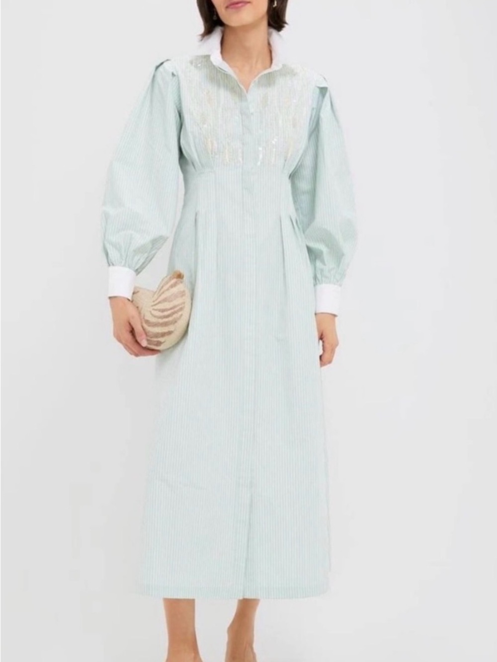 Tuckernuck Mint-Striped Puff-Sleeve Midi Dress with White Collar